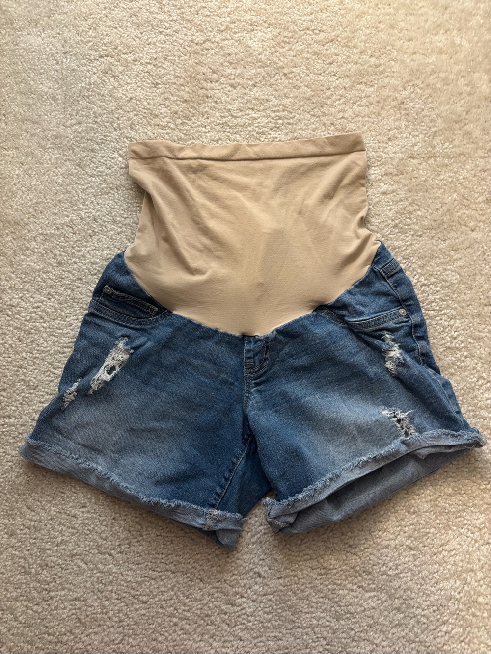 Indigo Blue High-Waist Maternity Denim Shorts with Beige Support Panel